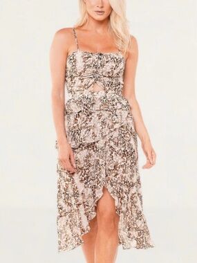 Bardot Beige Animal-Print High-Low Ruffle Dress